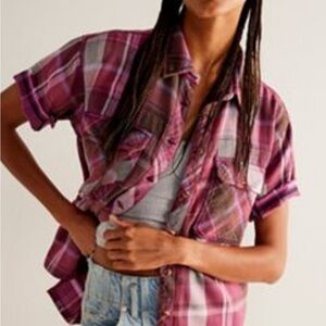 Plaid Button-Up Shirt in Pink and Purple Free People